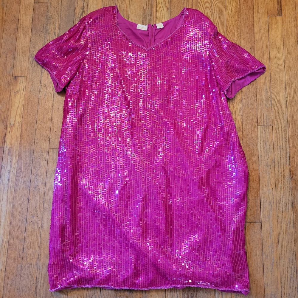 Roamans 34WP Silk Dress Pink Sequin Beaded V Neck Sheath‎ Barbiecore Glam Gala
